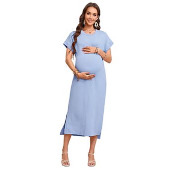 Maternity Short Sleeve Ribbed Midi Dress, Side Slit Casual Dress