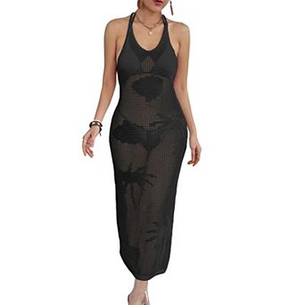 Women's Halter Crochet Midi Beach Cover Up, Floral Hollow Out Tie Back Slit Dress