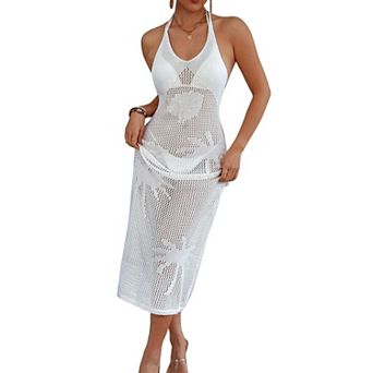 Women's Halter Crochet Midi Beach Cover Up, Floral Hollow Out Tie Back Slit Dress