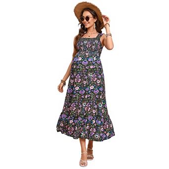 Maternity Square Neck Spaghetti Strap Maxi Dress, Smocked Waist Tiered Floral Casual Dress