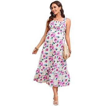 Maternity Square Neck Spaghetti Strap Maxi Dress, Smocked Waist Tiered Floral Casual Dress
