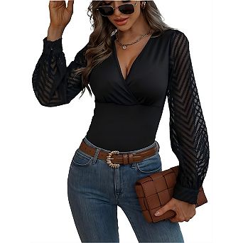Women Blouses Mesh Long Sleeve Going Out Tops Dressy Casual V Neck Lace Sleeve Work Blouse