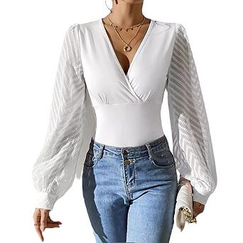 Women Blouses Mesh Long Sleeve Going Out Tops Dressy Casual V Neck Lace Sleeve Work Blouse