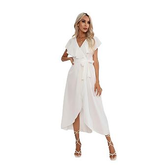 Womens Ruffled Sleeveless V Neck Thigh Split Maxi Summer Dress with Belt High Low Long Swing Dress