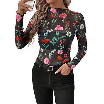 Women's Leopard Print Mesh Tops Long Sleeve Mock Neck Slim Going Out T-Shirt