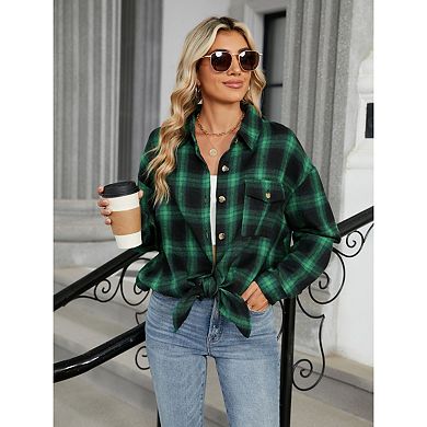 Women Plaid Long Shirt Button Down Casual Loose Shirts with Pocket