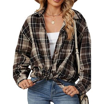 Women Plaid Long Shirt Button Down Casual Loose Shirts with Pocket