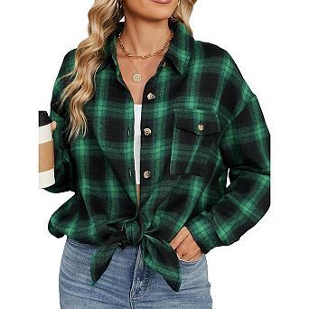 Women Plaid Long Shirt Button Down Casual Loose Shirts with Pocket