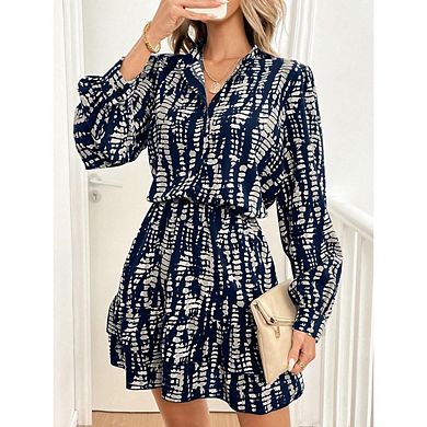 Women's Graphic Print Lantern Sleeve Button Shirt Dress Ruffle Hem Short Dress