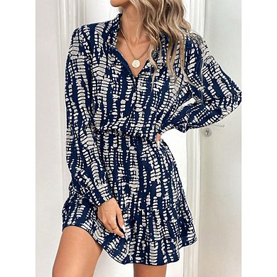 Women's Graphic Print Lantern Sleeve Button Shirt Dress Ruffle Hem Short Dress