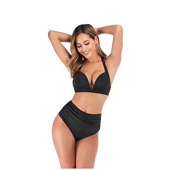 Women Two Piece Swimsuit Halter Ruched High Waist Bikini Push Up Printed Bathing Suit with Bottom