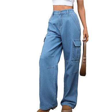 Women's High Waisted Denim Cargo Pants Wide Leg Baggy Trousers with Side Pockets