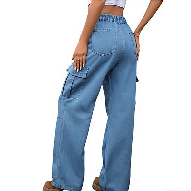 Women's High Waisted Denim Cargo Pants Wide Leg Baggy Trousers with Side Pockets