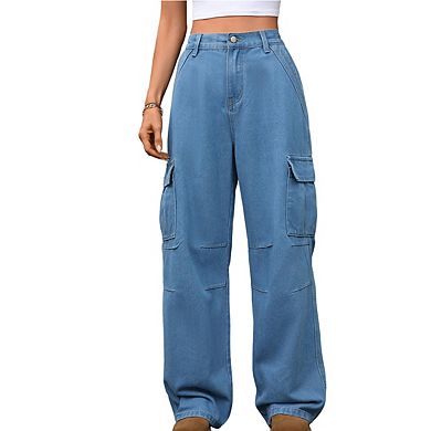 Women's High Waisted Denim Cargo Pants Wide Leg Baggy Trousers with Side Pockets