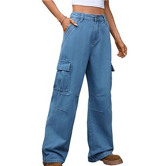 Women's High Waisted Denim Cargo Pants Wide Leg Baggy Trousers with Side Pockets