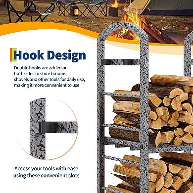 2-Tier Firewood Rack, 30" Height Heavy-Duty Log Holder with Accessory Hooks for Fireplace Patio
