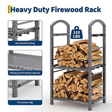 2-Tier Firewood Rack, 30" Height Heavy-Duty Log Holder with Accessory Hooks for Fireplace Patio