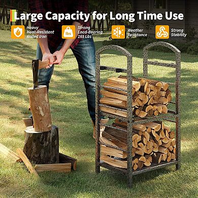 2-Tier Firewood Rack, 30" Height Heavy-Duty Log Holder with Accessory Hooks for Fireplace Patio