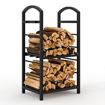 2 tier Firewood Rack, 30" Height Heavy-Duty Log Holder with Accessory Hooks for Fireplace Patio