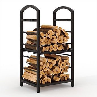 2 tier Firewood Rack, 30" Height Heavy-Duty Log Holder with Accessory Hooks for Fireplace Patio