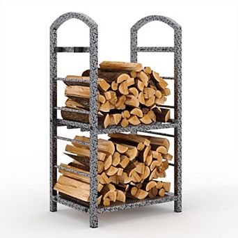 2 tier Firewood Rack, 30" Height Heavy-Duty Log Holder with Accessory Hooks for Fireplace Patio