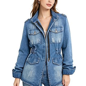 Women's Distressed Denim Utility Jacket Elastic Waist Mid-Length with Pockets and Roll-Up Sleeves
