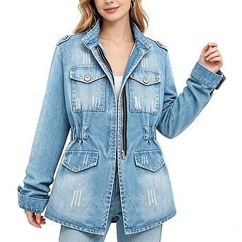 Women's Distressed Denim Utility Jacket Elastic Waist Mid-Length with Pockets and Roll-Up Sleeves