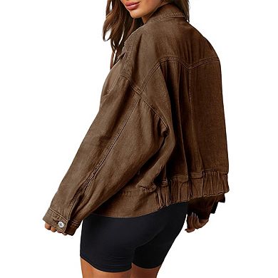 Women's Jean Jacket Frayed Washed Button Up Cropped Denim Coats With Pockets
