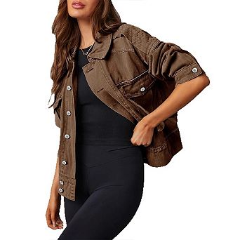Women's Jean Jacket Frayed Washed Button Up Cropped Denim Coats With Pockets