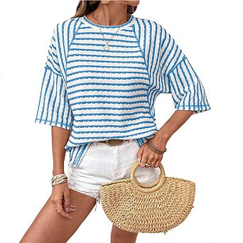Women's Striped Raglan Sleeve Top Textured Half Sleeve Casual Crewneck T-Shirt
