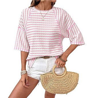 Women's Striped Raglan Sleeve Top Textured Half Sleeve Casual Crewneck T-Shirt