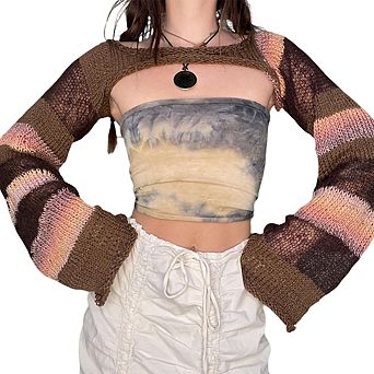 Women's Striped Knit Shrug Cropped Long Bell Sleeve Openwork Bolero