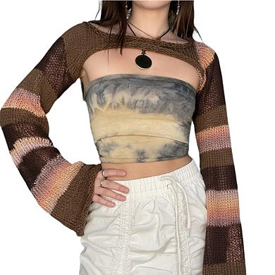 Women's Striped Knit Shrug Cropped Long Bell Sleeve Openwork Bolero