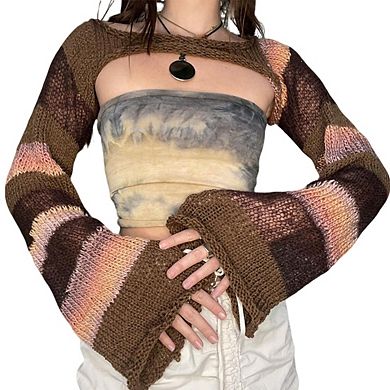 Women's Striped Knit Shrug Cropped Long Bell Sleeve Openwork Bolero