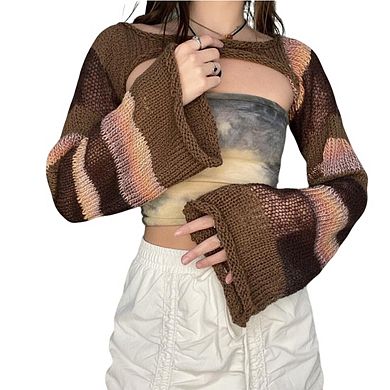 Women's Striped Knit Shrug Cropped Long Bell Sleeve Openwork Bolero