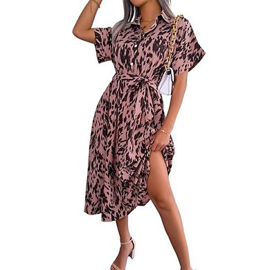 Women's Summer Midi Shirt Dress Spring Vintage Polka Dot Print Short Sleeve Button Down Front