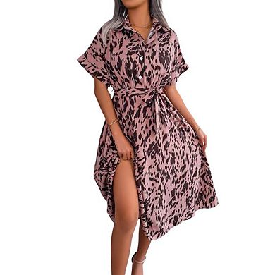 Women's Summer Midi Shirt Dress Spring Vintage Polka Dot Print Short Sleeve Button Down Front
