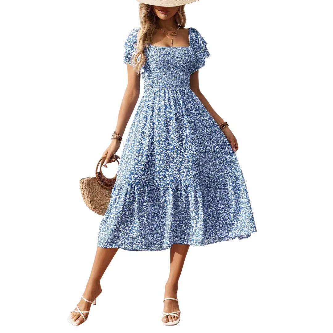 Женские платья Casual Summer Square Neck Smocked Midi Dress Ruffle Short Sleeve Tiered Hem