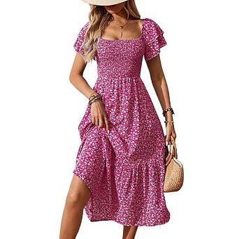 Women's Casual Summer Square Neck Smocked Midi Dress Ruffle Short Sleeve Tiered Hem