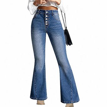 Women's Flare Jeans High Waisted Stretchy Bell Bottoms Wide Leg Side Seam Denim Pants
