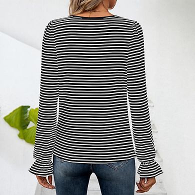 Womens Casual Square Neck T Shirts Blouses Stretchy Ruffle Trim Long Sleeve Pullover Tops