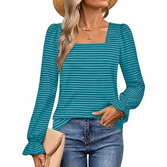 Womens Casual Square Neck T Shirts Blouses Stretchy Ruffle Trim Long Sleeve Pullover Tops