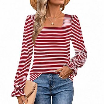 Womens Casual Square Neck T Shirts Blouses Stretchy Ruffle Trim Long Sleeve Pullover Tops