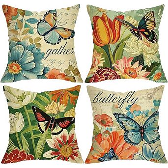 Floral Butterfly Pillow Covers Set of 4, Decorative Farmhouse Outdoor