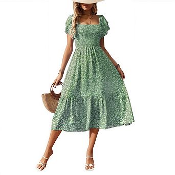 Women's Casual Summer Midi Dress Ruffle Short Sleeve Square Neck Smocked Tiered Ruffle Dresses