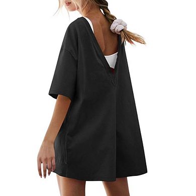 Women Rompers Half Sleeve Oversized Athletic Workout Reversible Hot Shot Tee Romper Deep Pockets