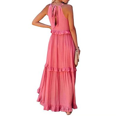Women's Summer Sleeveless Halter Neck Tiered Maxi Dress Flowy Ruffle Long Beach Sundress