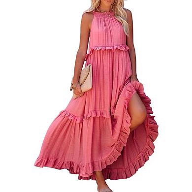 Women's Summer Sleeveless Halter Neck Tiered Maxi Dress Flowy Ruffle Long Beach Sundress