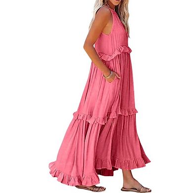 Women's Summer Sleeveless Halter Neck Tiered Maxi Dress Flowy Ruffle Long Beach Sundress