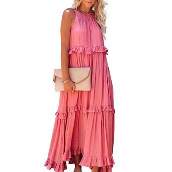 Women's Summer Sleeveless Halter Neck Tiered Maxi Dress Flowy Ruffle Long Beach Sundress